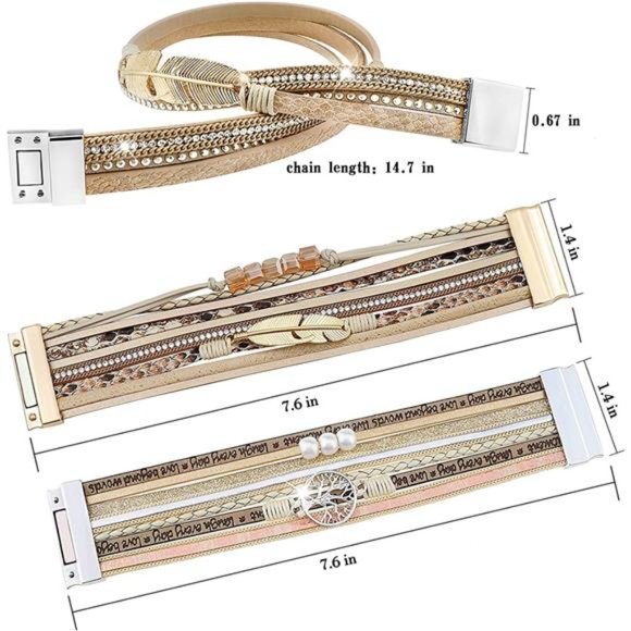Leather Cuff Bracelet Set with Crystal Feather Tree, Women's Magnetic Clasp Wrap - Picture 6 of 6